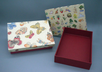 Schachteln aus stabiler Pappe mit Dekopapier bezogen. Damit lässt sich allerlei verpacken. Auch als Geschenkverpackung zu verwenden.